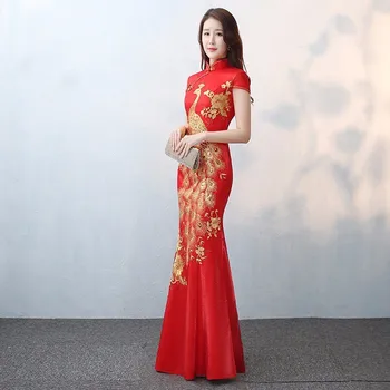 Mireasa Vintage Cheongsam Lung Națională Chineză Rochie Roșie Qi Pao Femei Phoenix Broderie Traditionala Rochie De Seara Model Qipao