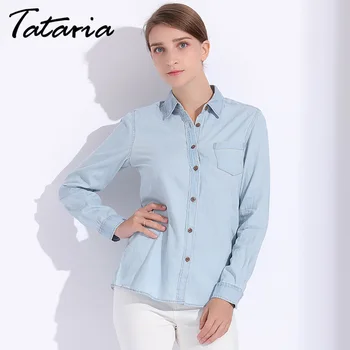 Moda Bumbac Denim pentru Femei Bluze cu Maneca Lunga Albastru Denim Camasi Femei, Bluze Blugi Bluza Feminin de Îmbrăcăminte Casual, TATARIA