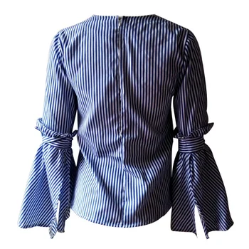 Moda Femei Toamna Primavara Bluza Furculiță & Papion Maneca Bluza Albastru Și Alb Dungi Îmbinat Tricou Blusas