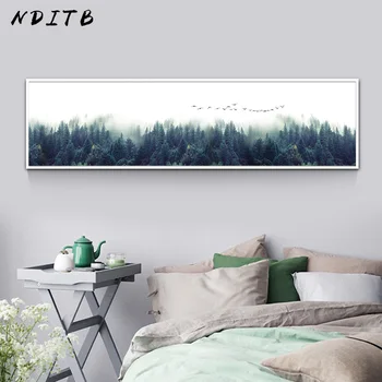 NDITB Ceață Pădure Panza Poster Peisaj Arta Print Banner Lung de Pictura Nordică Decor Natura Poza Perete pentru Camera de zi