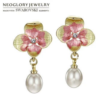 Neoglory Austria Stras & Natural Pearl & Email Lung Picătură Cercei Flori Colorate Design Elegant Stil Lady Cadou De Primăvară