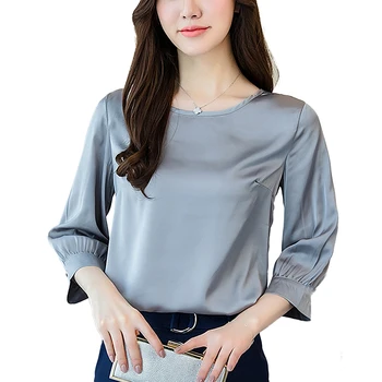 Noi Casual Imitație de mătase bluză tricouri femei o-neck Maneca Trei Sferturi gri vrac topuri si bluze plus dimensiune blusa feminina