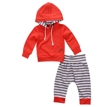 Nou-născut Copilul Băiat Fată Haine Seturi Stripe Hooded T-shirt, Bluze cu Maneca Lunga Pantaloni Costum de Haine Set
