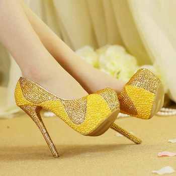 Noua Galben Pantofi de Nunta cu Perle și de Aur Stras Manual Spumante Femei Pompe Rochie de Mireasa Pantofi de Bal Partid Tocuri