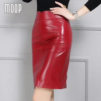 OL stil roșu negru din piele fuste femei slim split fusta creion faldas jupe saia etek granulat miel fusta LT959