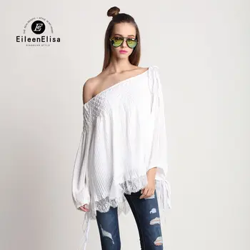 Pista Bluza 2016 Femei Slash Gât De Sus Maneca Lunga Bluze Albe De Lux