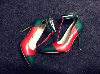 Primăvara anului 2017, Noi Femeile Sexy Rosu Verde Mozaic de 12 cm sau de 10 cm toc Catarama Subliniat Toe Petrecere Pompe Toc Stiletto Pantofi
