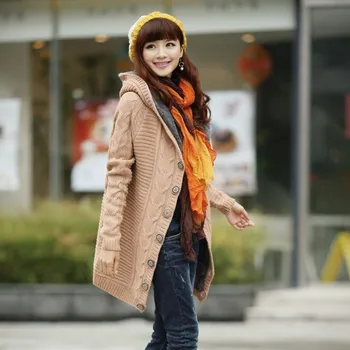Primăvară-Coreean Femei De Iarnă Cu Glugă Mid Lung Îngroșa Pulover Femei Cardigan Cald Slim Fit Haină Haină Călduroasă Uza Plus Dimensiune