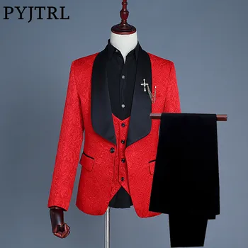 PYJTRL Brand 2018 Trei Piese Costum Slim Fit Barbati Șal Rever Roșu Jacquard de Mireasa Mire Costume de Bal Costume de Mens Sacou Vesta Pantaloni