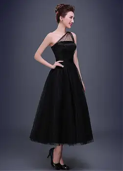 Reale Imagine În Stoc Formale Little Black dress Ceai de Lungime Rochie Punct de Partid Tul Unul-Umăr Decolteu Rochie de Seara-linie