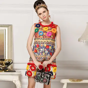 Rochie de lux Nou 2018 Vară fără Mâneci Moda ștrasuri din Mărgele mai Sus de Genunchi Jacquard de Inalta Calitate 3D Slim Femei Elegante