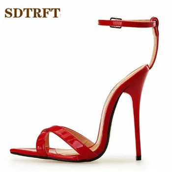 SDTRFT Vara 14cm tocuri subtiri Bandă Îngustă pantofi de nunta sexy pompe Peep toe Catarama de Aur fundul Sandale Plus:44 45 46 47 48 49