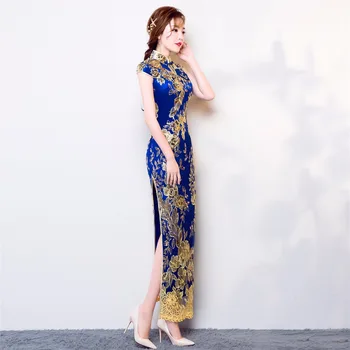 Shanghai Poveste nouă sosire lung de design de moda Paiete dantelă brodată Mare Split stil chinezesc cheongsam dressup