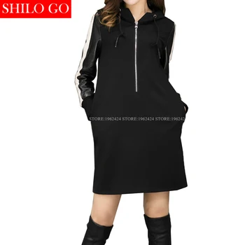 SHILO MERGE Fashion Street Femei Lungă cu Glugă cu fermoar liber Casual Seatshirts din Piele de oaie Autentic Doamnelor rochie Concis Hanorace