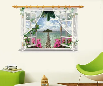 SK9020F Ecrane 3D View Beach Soare Autocolant Perete Decal Art Decor Acasă Fereastra Camerei Ușa Murală Baie de Decorare