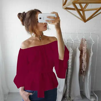 Solid Femei de Pe Umăr Libere bluze Topuri Haine Alb-Negru Casual Flare Maneca lunga Centura Tricouri Bluze Bluza Bej cu Vin Roșu