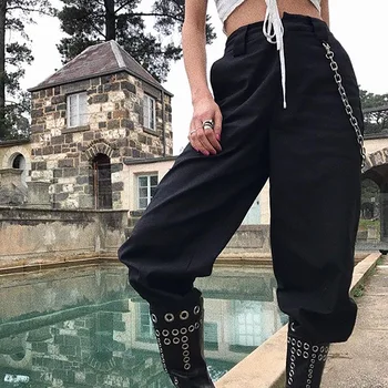 Streetwear Pantaloni Femei Cool Kaki Culoare Solidă Talie Lanț Decor Elastic Picioare De Sex Feminin De Moda Toamna Cu Fermoar Pantaloni