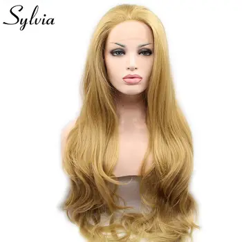 Sylvia lung val naturale blonda rezistente la căldură fibra par sintetic peruci fata dantelă pentru femei free parte dantelă moale glueless peruca