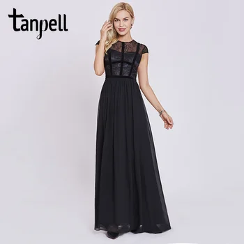 Tanpell dantela rochii de seara lungi negru scoop capac mâneci etaj lungime o linie rochie de femei ieftine petrecere de bal rochie de seara formale