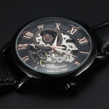 Top FORSINING 3D Logo Design Gol Gravură carcasă Neagră din Piele Roma Schelet Ceasuri Mecanice Barbati Brand de Lux Heren Horloge