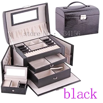 Transport gratuit 3 straturi spațiu de lux Practice din piele caseta de bijuterii cercei colier pandantiv bijuterii display negru, cutie cadou