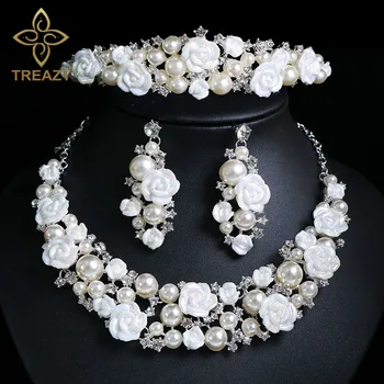 TREAZY de Lux Ceramică Floare Imiate Perla de Cristal Set de Bijuterii de Mireasă Pentru Femei Colier Cercei Tiara Coroana Accesorii de Nunta