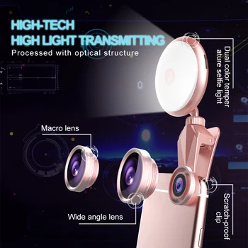 Universal LED Selfie Flash de Lumină Frumusețea RK19S Umple de Lumină cu Macro, Fisheye Obiectiv superangular 4 Încălzește Rece 4 Becuri Pentru Toate Telefoanele