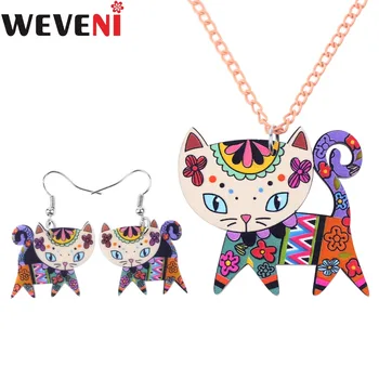 WEVENI Acrilice Imprimare Pisoi Adorabil Pisica de Bijuterii seturi de Colier Cercei Moda Bijuterii Animal Pentru Femei Guler Accesorii