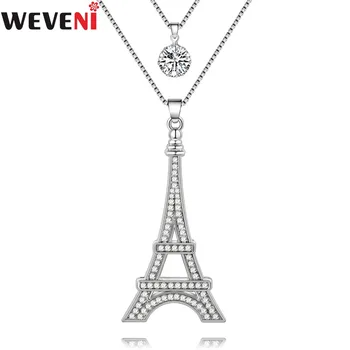 WEVENI Declarație Complet Stras Turnul Eiffel Clădire Colier Lung cu Pandantiv Lanț Guler Accesorii de Moda, Bijuterii Pentru Femei