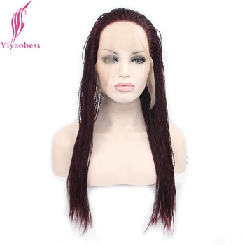 Yiyaobess Micro Împletite Dantelă Față Peruci Pentru Femeile De Culoare Sintetic Rezistent La Căldură De Lungime Medie Castaniu Maro Peruca Două Modele