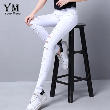 YuooMuoo Noi de Vânzare Fierbinte Alb Femei Blugi de Moda Gaura Blugi Rupti pentru Femei Slim Creion Blugi Skinny Negru Elastic Pantaloni Denim